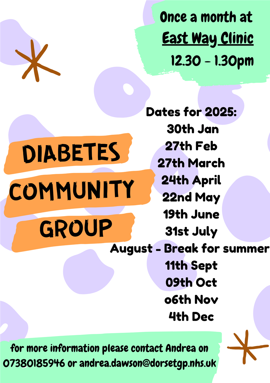 Diabetes Community Group: 30th January, 27th February, 27th March, 24th April, 22nd May, 19th June, 31st July, 11th September, 9th October, 6th November, 4th December 2024. Hosted at East Way Clinic, from 12:30pm until 2:00pm.