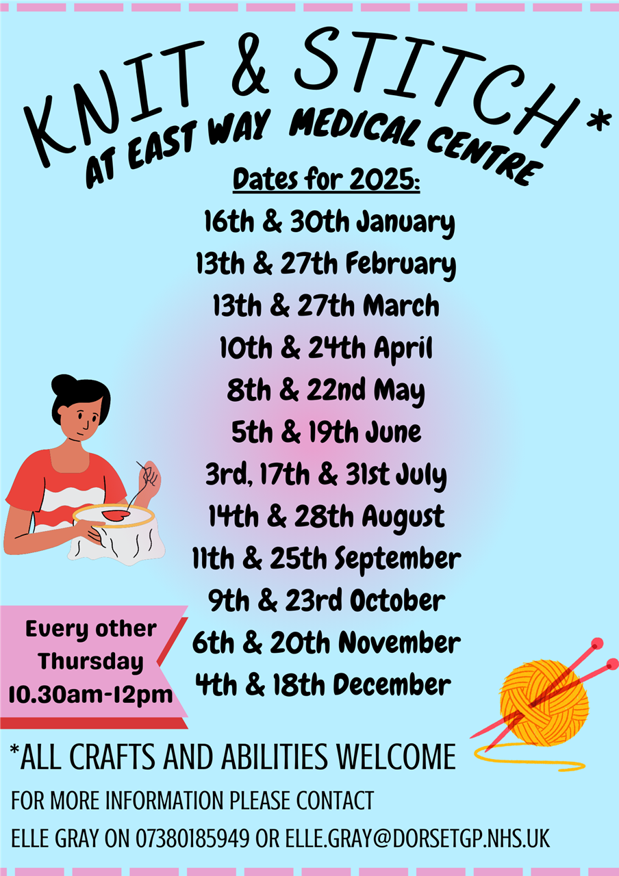 Knit & Stitch: Every other Thursday at East Way Clinic, 10:30am - 12:00pm