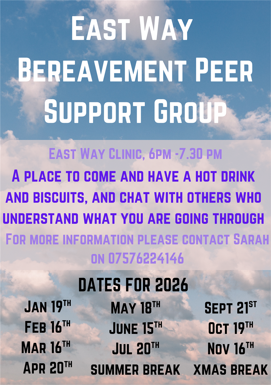 Bereavement Peer Support Group: 6-7:30pm on 19th January, 16th February, 16th March, 20th April, 18th May, 15th June, 20th July, 21st September, 19th October, 16th November.