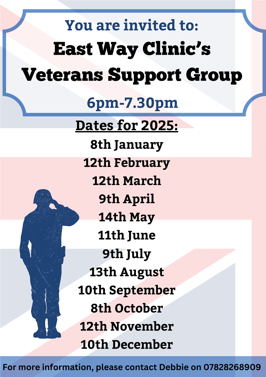 Veterans Support Group: A group for veterans of any armed forces. Runs from 6pm to 7:30pm at East Way Clinic on the second Wednesday of each month.