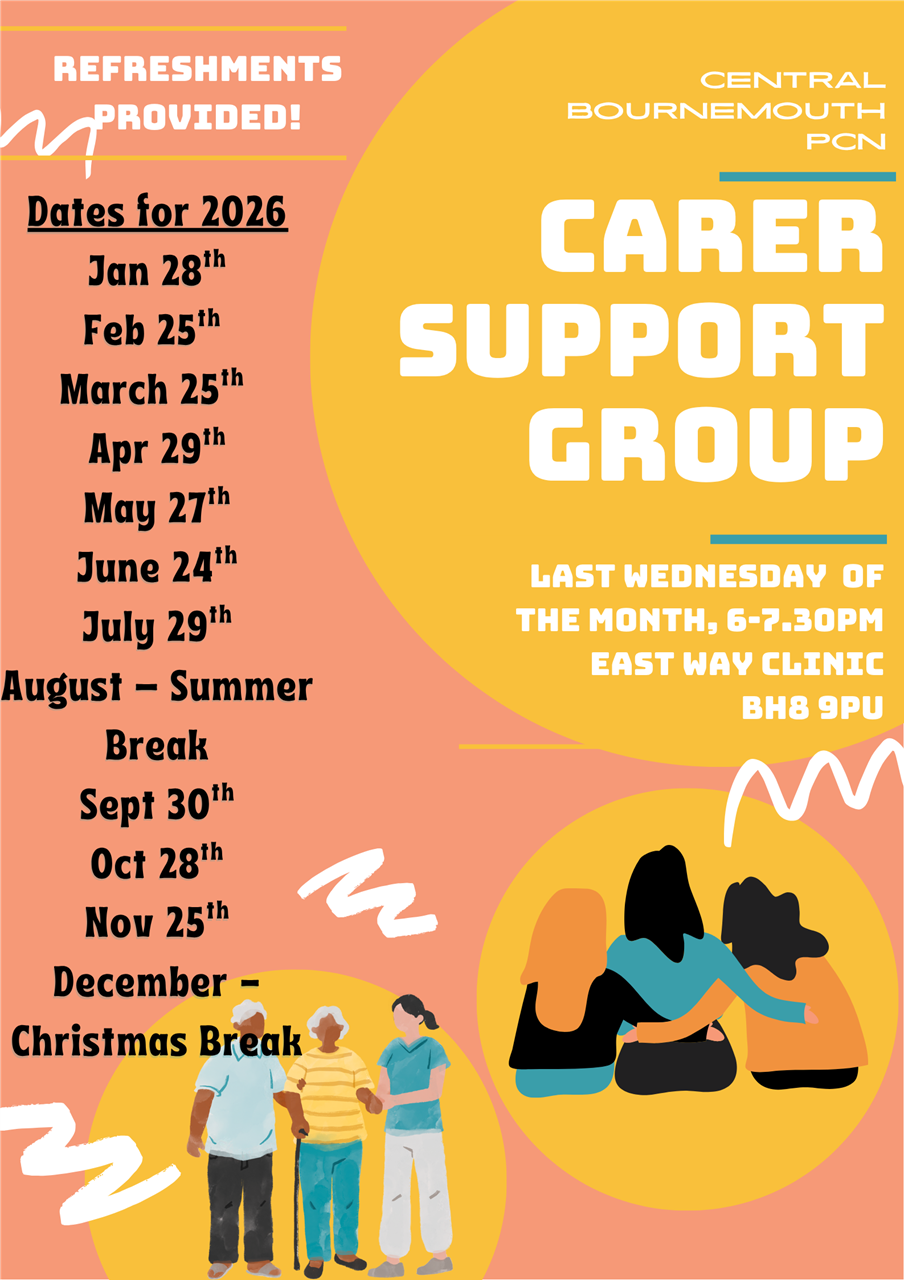 Carer Support Group: 6-7:30pm on 28th January, 25th February, 25th March, 29th April, 27th May, 24th June, 29th July, 30th September, 28th October, 25th November.
