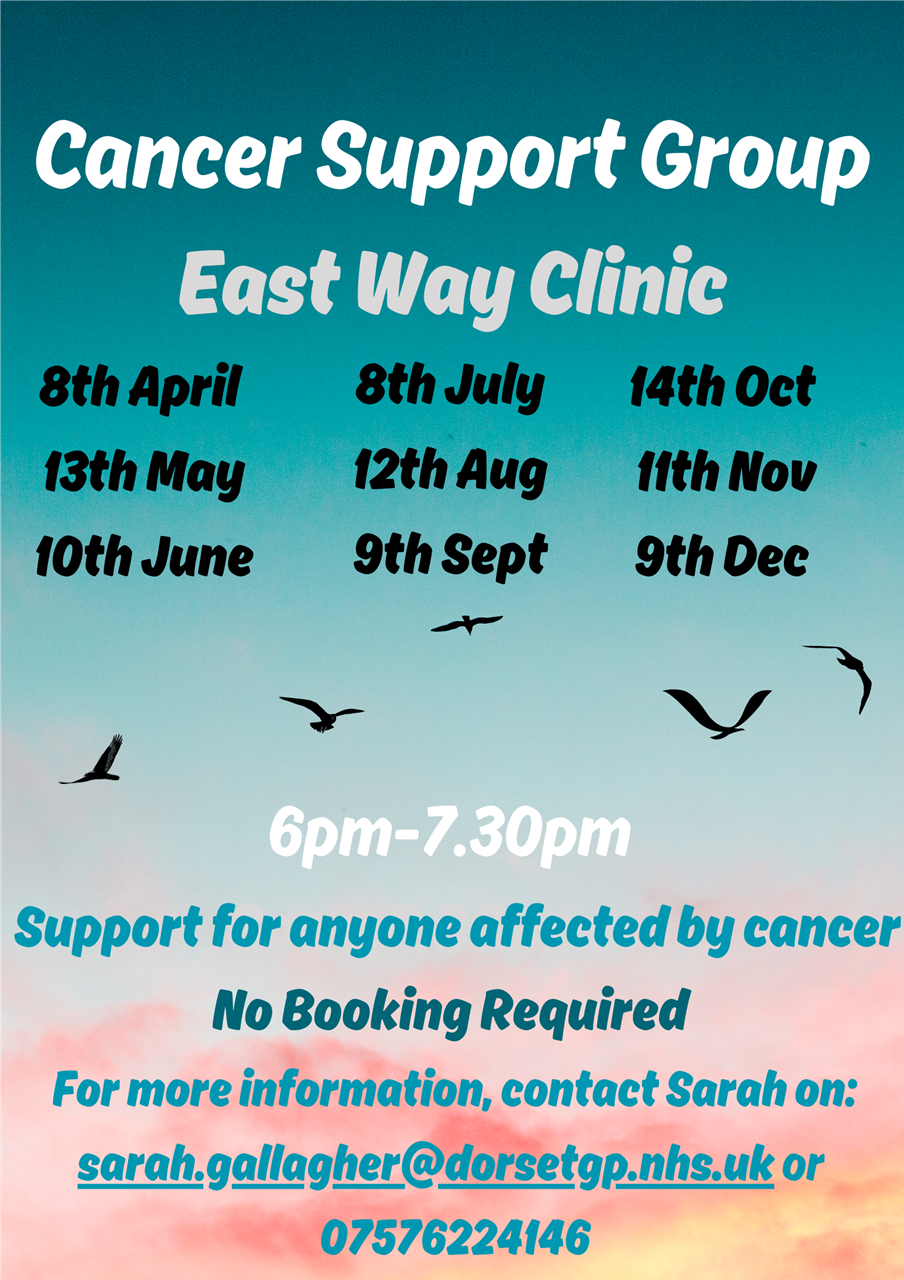 Cancer Support Group: A peer support group for anyone affected by cancer. Runs at East Way Clinic from 6pm until 7:30pm on the second Monday of every month.