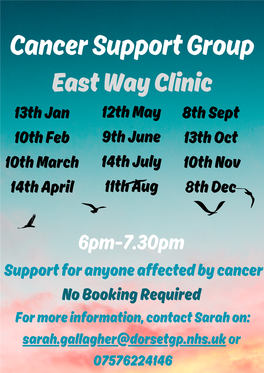 Cancer Support Group: A peer support group for anyone affected by cancer. Runs at East Way Clinic from 6pm until 7:30pm on the second Monday of every month.