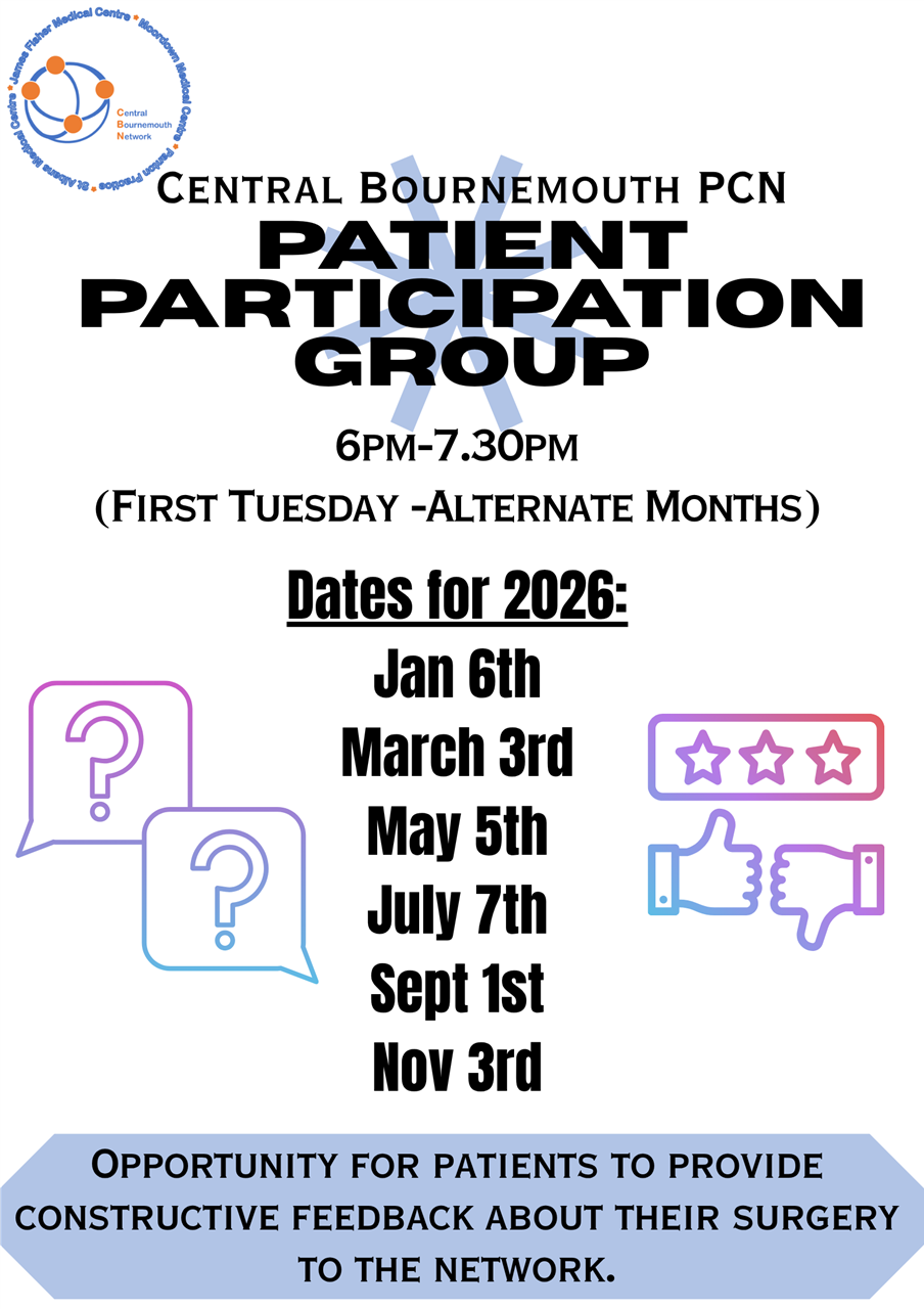 Patient Participation Group: 6-7:30pm on 6th January, 3rd March, 5th may, 7th July, 1st September, 3rd November