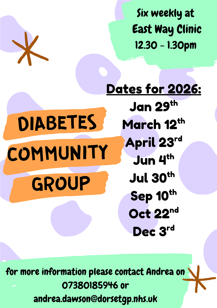 Diabetes Peer Group: 12:30-1:30pm on 29th January, 12th March, 23rd April, 4th June, 30th July, 10th September, 22nd October, 3rd December