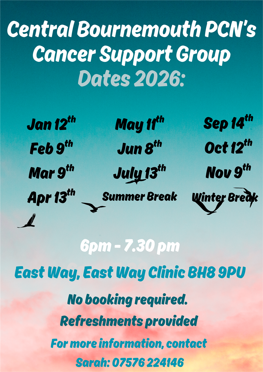 Cancer Support Group Dates: 6pm-7:30pm on January 12th, February 9th, March 9th, April 13th, May 11th, June 8th, July 13th, September 14th, October 12th, November 9th.