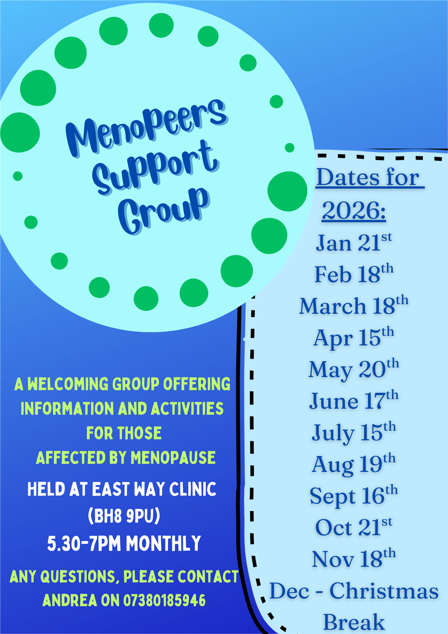 Menopeers menopause peer support group: 5:30-7pm on 21st January, 18th February, 18th March, 15th April, 20th May, 17th June, 15th July, 19th August, 16th September, 21st October, 18th November.