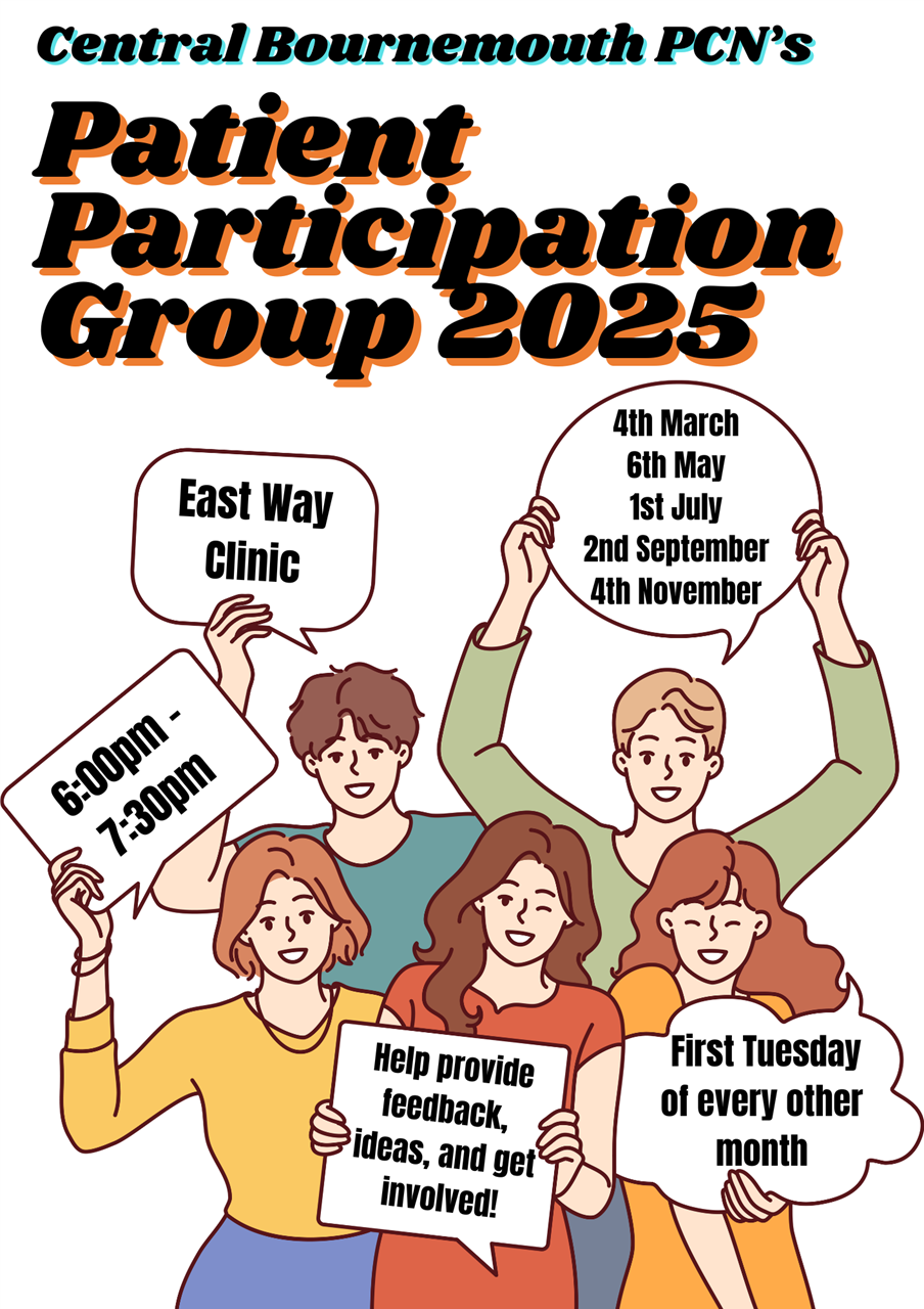 Patient Participation Group - A chance for patients to provide constructive feedback about the surgery and network. Hosted at East Way Clinic on 4th March, 6th May, 1st July, 2nd September, and 4th November from 6:00pm.